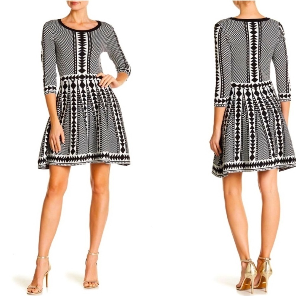 Nina Leonard Black and White Geometric Print Fit & Flare Sweater Dress NWT